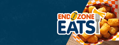 Graphic banner featuring the phrase "END ZONE EATS" beside a basket of crispy tater tots.