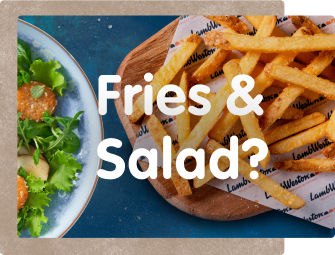 Salad, lettuce, crouton, Lamb Weston parchment paper, blue background