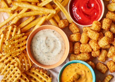 Fry board, ramekins, sauces, hand dipping fry