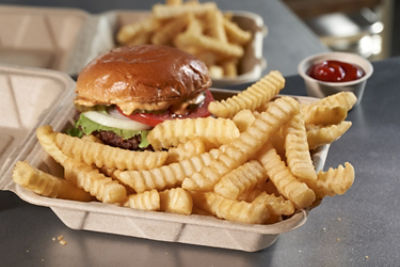 Tray, burger, lettuce, tomato, onion, pickle, sauce, preparation, prep, ketchup, ramekin
