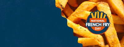 Digital banner artwork highlights a close-up of golden French fries on the right side. A circular badge with stylized fries and bold text reads "National French Fry Day" in the center-right of the image. 