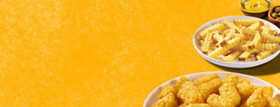 A plate of golden chicken nuggets sits in the foreground against a bright yellow textured background. 
