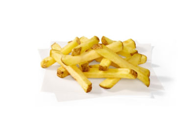 A small pile of golden French fries is arranged on a white sheet of paper. The fries appear thick-cut with slightly browned edges and a soft interior. The image is shot against a clean white background, emphasizing the texture and color of the potatoes. The simple composition highlights the fries as a classic fast food or snack item.