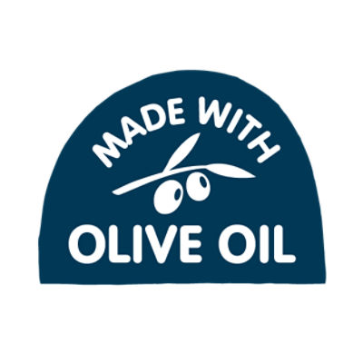 Graphic badge featuring the phrase "MADE WITH OLIVE OIL" in bold white text. 