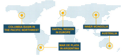 The image shows a stylized dotted world map over a transparent checkerboard background. Four locations are highlighted with orange circles and callout labels: Columbia Basin in the Pacific Northwest, Hafpal Region in Europe, Inner Mongolia, and Mar de Plata in Argentina. 