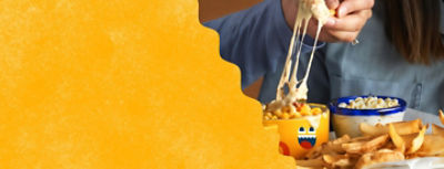 Dippers, cheese dip, hand, happy fries, yellow potato texture, crinkle border