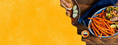 mexican dishes, tacos, lime wedges, Golden fry potato texture, yellow potato texture