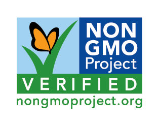 Square certification mark featuring the Non GMO Project verification. A stylized orange butterfly sits on a green blade of grass against a blue and white background.