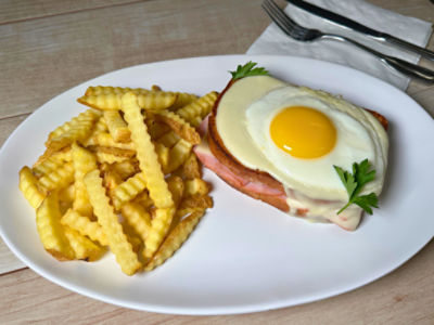 Croque Madame with Olive Oil Crinkle Fries