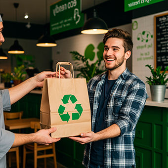 Two men handling a recyclable bag