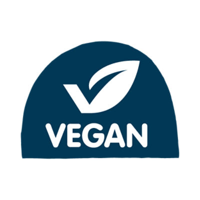 Graphic icon featuring a stylized white leaf forming a checkmark shape above the word "VEGAN" in bold white letters. 